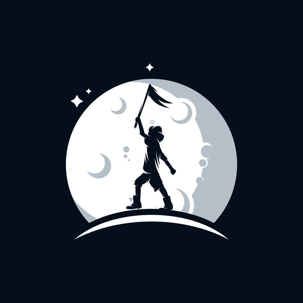 Little Child holds a flag on the moon logo vector
