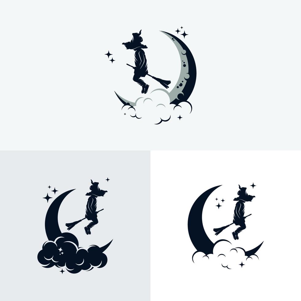 set of little witch flying with broom vector