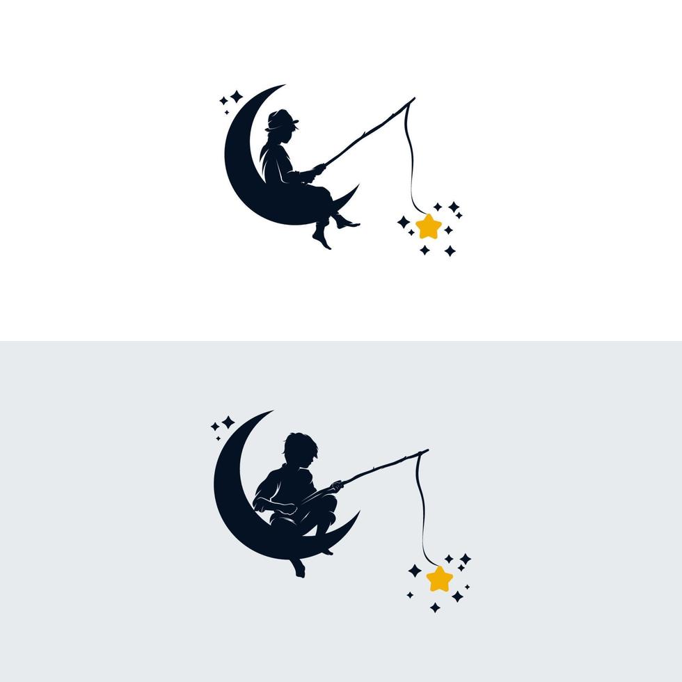 Set of kid fishing in the moon logo design template vector