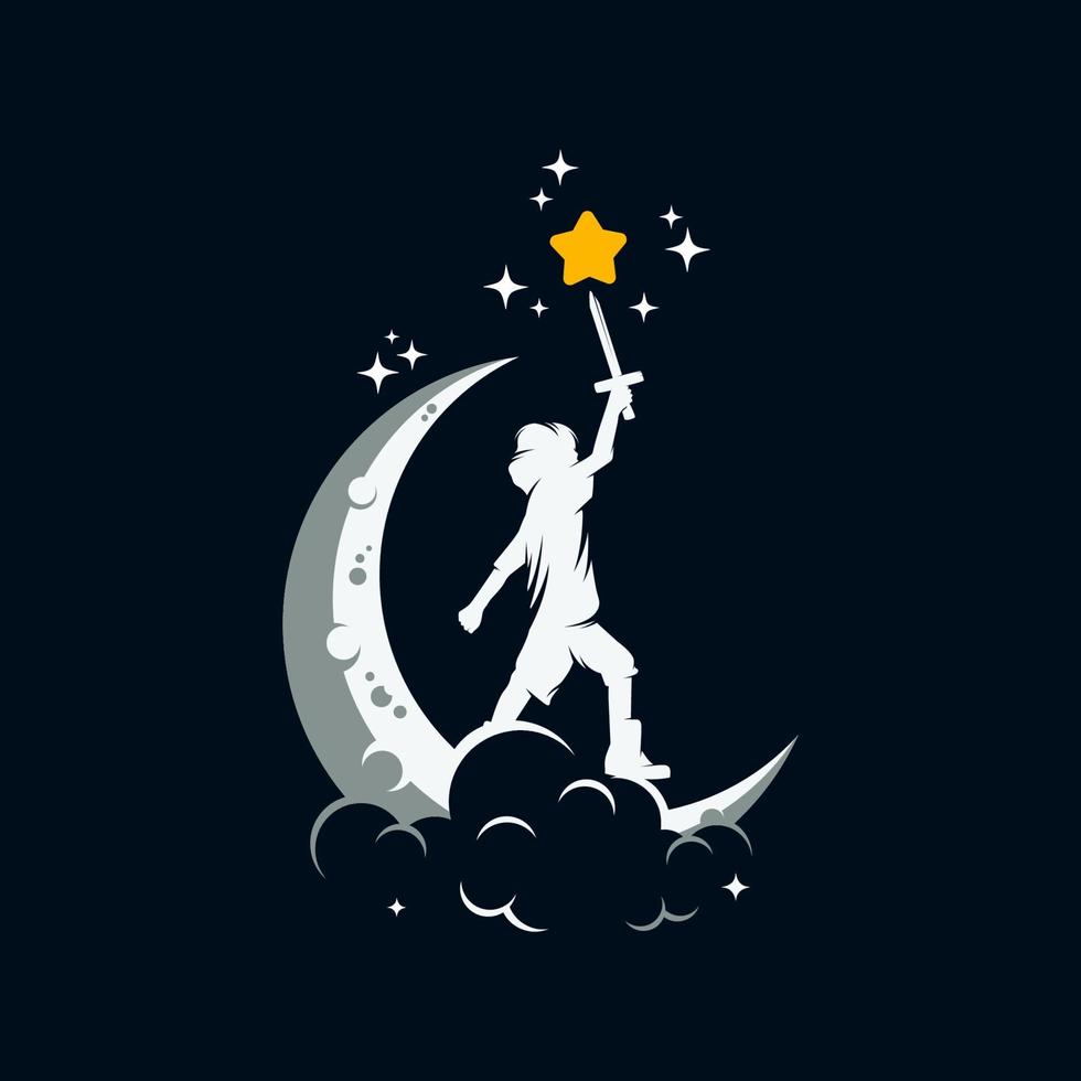 Little Child holds a sword on the moon logo vector