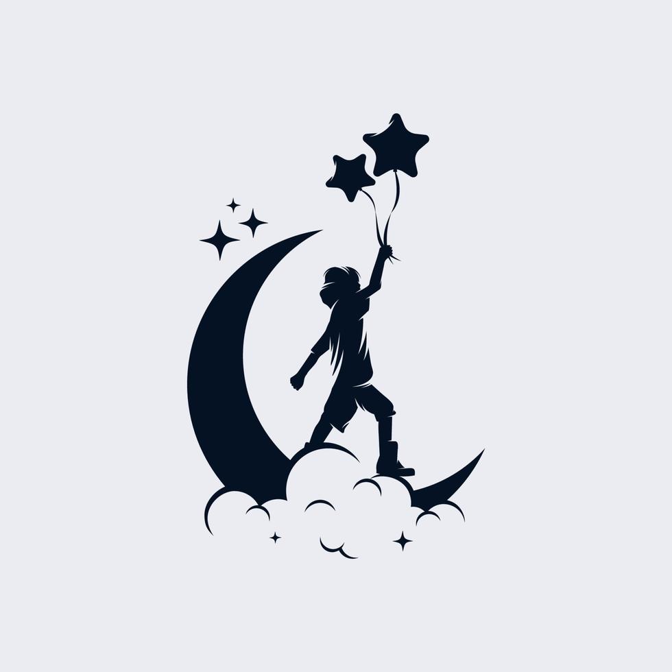 Little Child holds a balloons on the moon logo vector