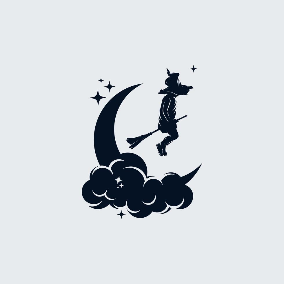 Little Witch flying with broom on the moon vector