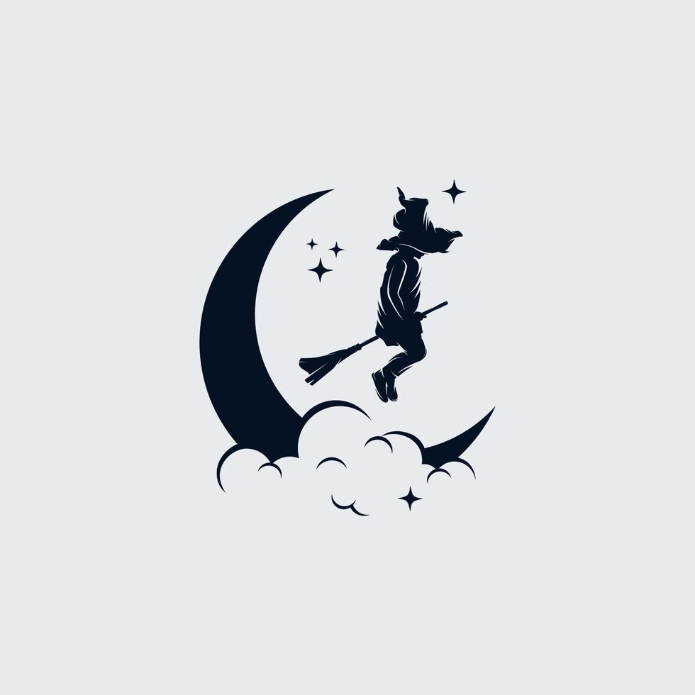 Little Witch flying with broom on the moon vector