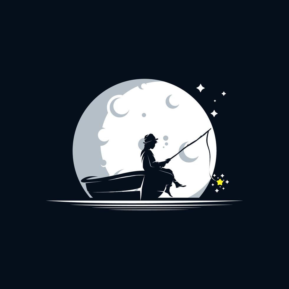 Kid fishing in the moon logo design template vector