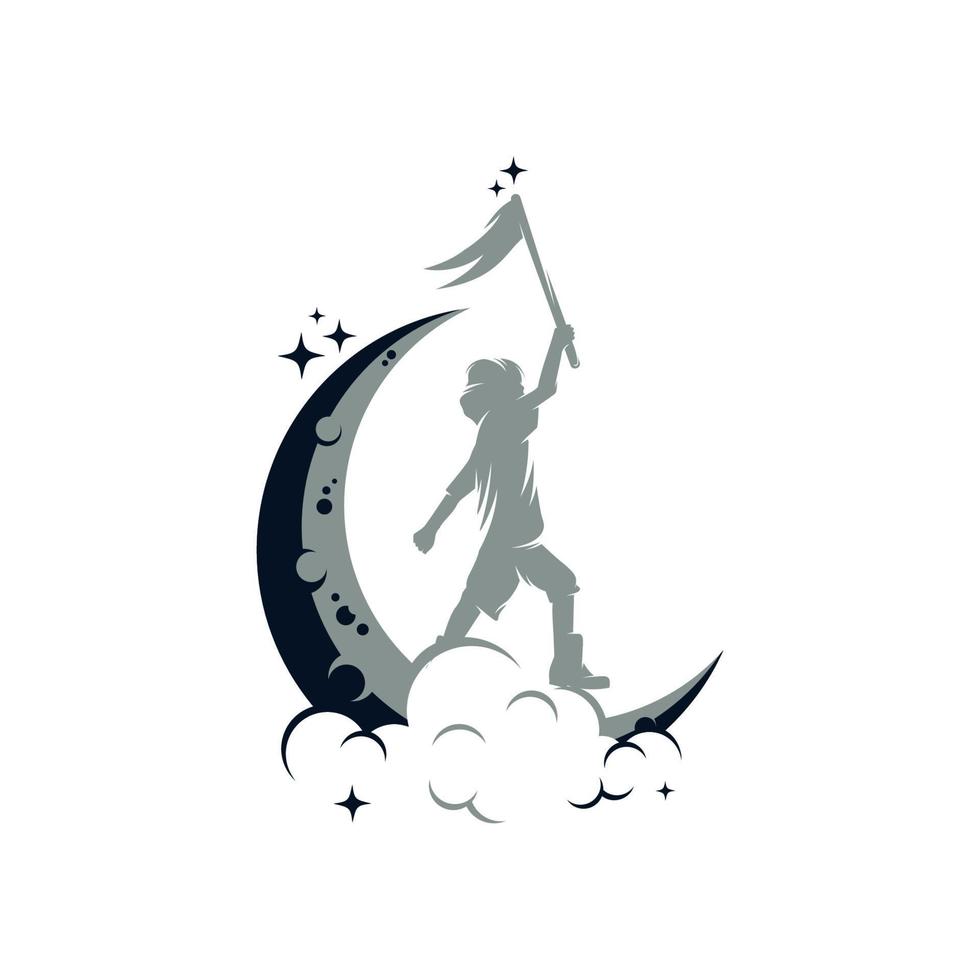 Little Child holds a flag on the moon logo vector