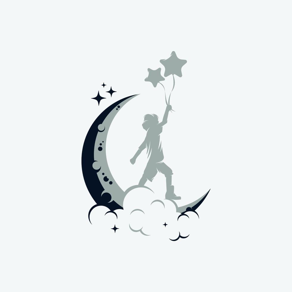 Little Child holds a balloons on the moon logo vector