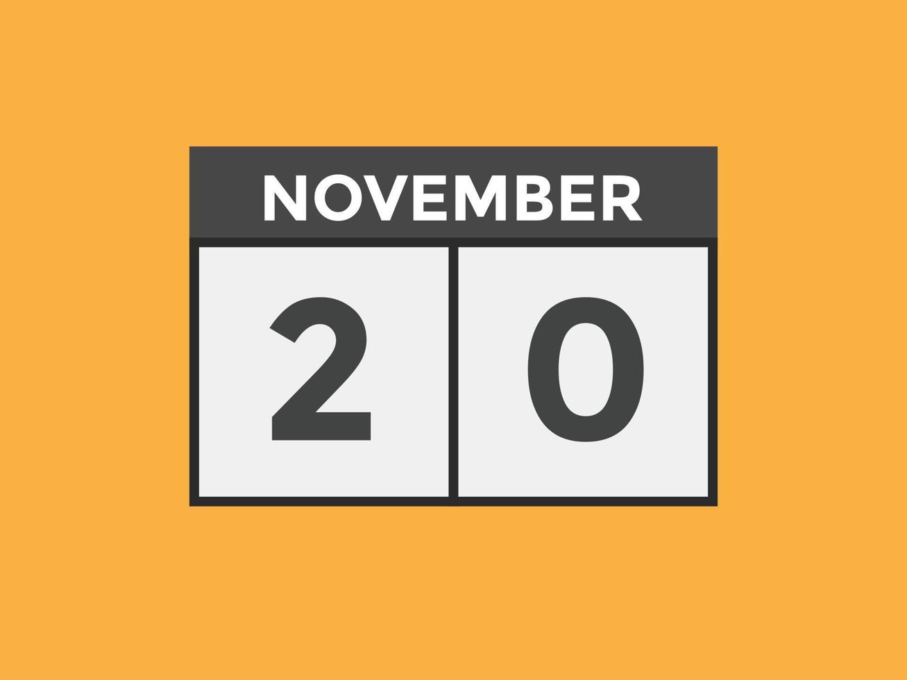 november 20 calendar reminder. 20th november daily calendar icon template. Calendar 20th november icon Design template. Vector illustration