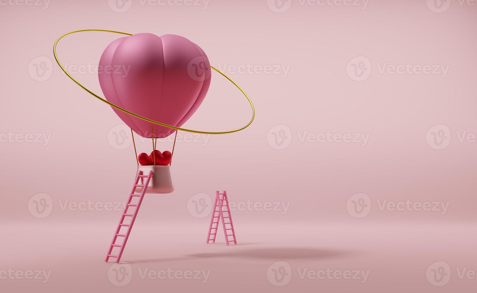Hot air balloon with red heart shaped for Valentine's Day background in pink pastel composition ,3d illustration or 3d render photo