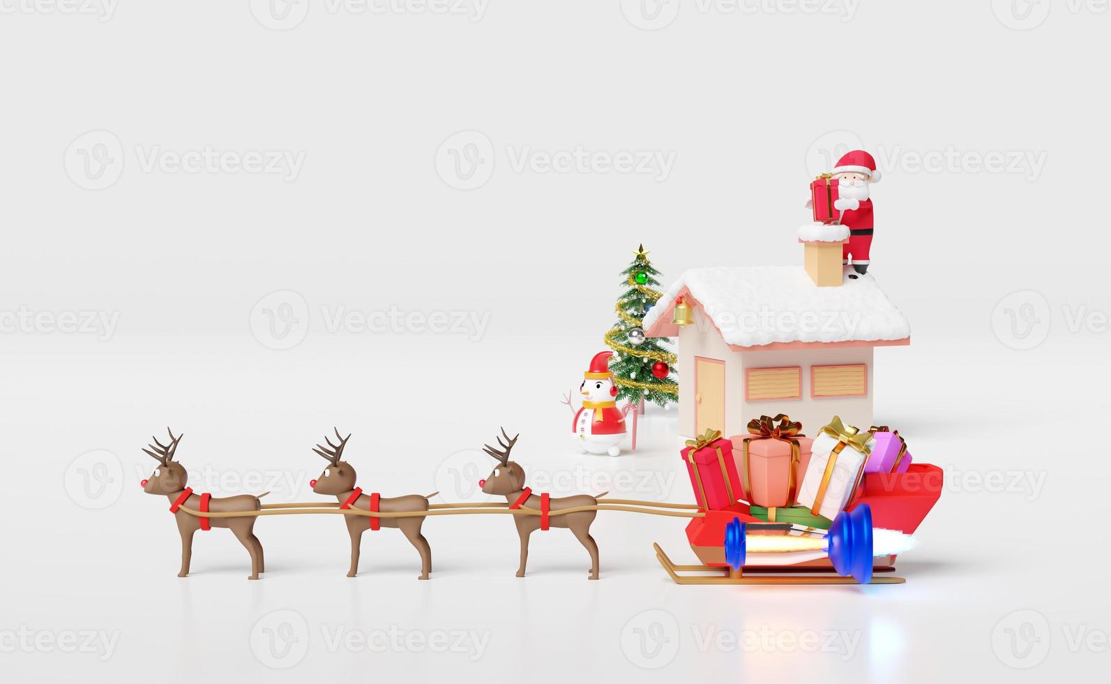 reindeer sleigh with jet engine,santa claus,house, gift box,christmas tree isolated on white background.website or poster or Happiness cards,banner and festive New Year, 3d illustration or 3d render photo