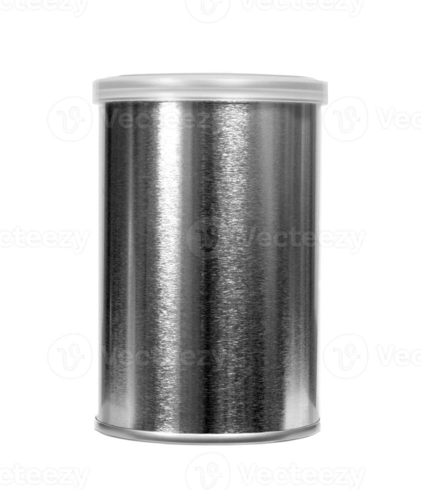 Silver cans with plastic lid isolated on white background photo