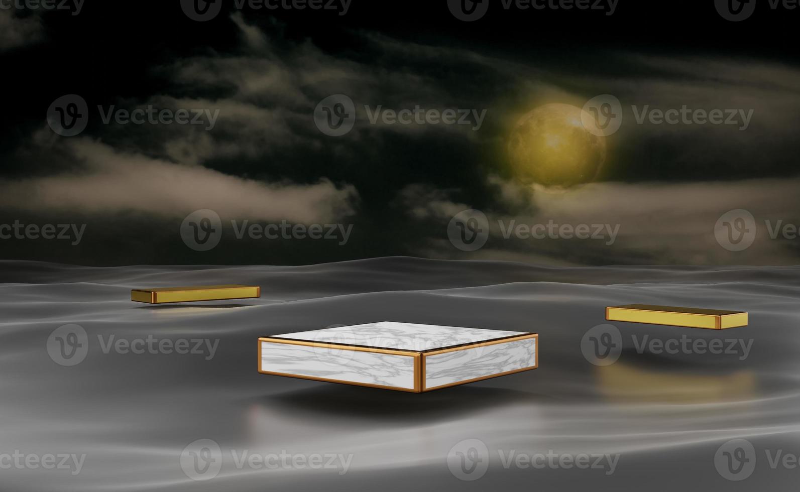marble podium empty with water surface and Night sky in Gray composition for modern stage display and minimalist mockup ,abstract showcase background ,Concept 3d illustration or 3d render photo