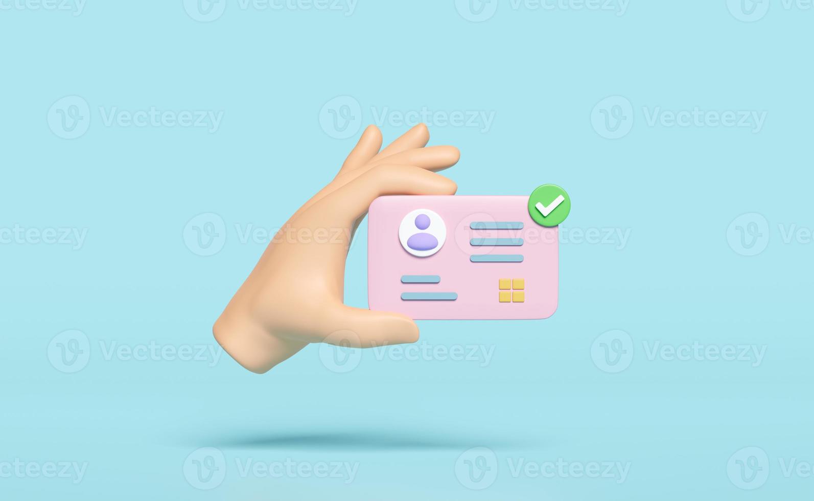 3d hand hold Id card icon with check mark isolated on blue background. human resources, plastic card, Job search concept, 3d render illustration photo