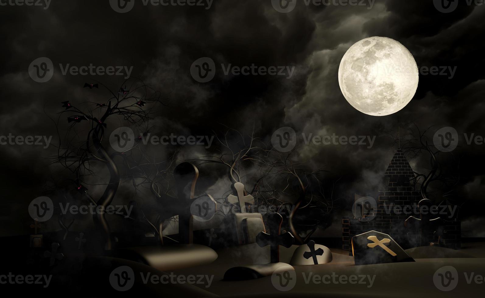 Fiesta de halloween en el cementerio 3d con castillo embrujado, luna llena, murciélagos voladores, tumba, tumbas, niebla, bajo la luz de la luna para feliz halloween, ilustración 3d foto