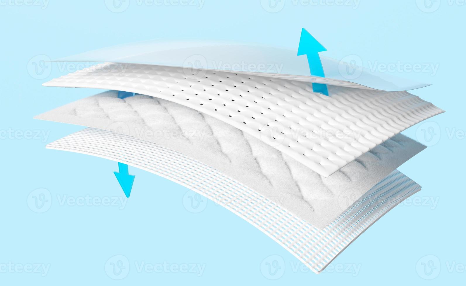 3d absorbent pad, synthetic fiber hair with arrow ventilate shows isolated on blue background. support cooling, transparent film baby diaper adult concept, 3d render illustration, clipping path photo