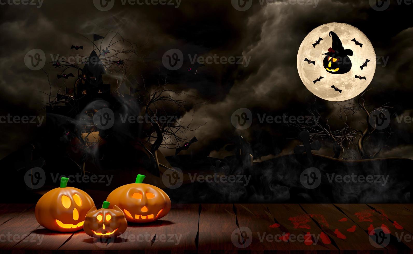 3d candle light in pumpkin on wooden table, graveyard halloween holiday party with haunted castle, full moon, flying bats, graves, fog, under the moonlight for happy halloween, 3d render illustration photo