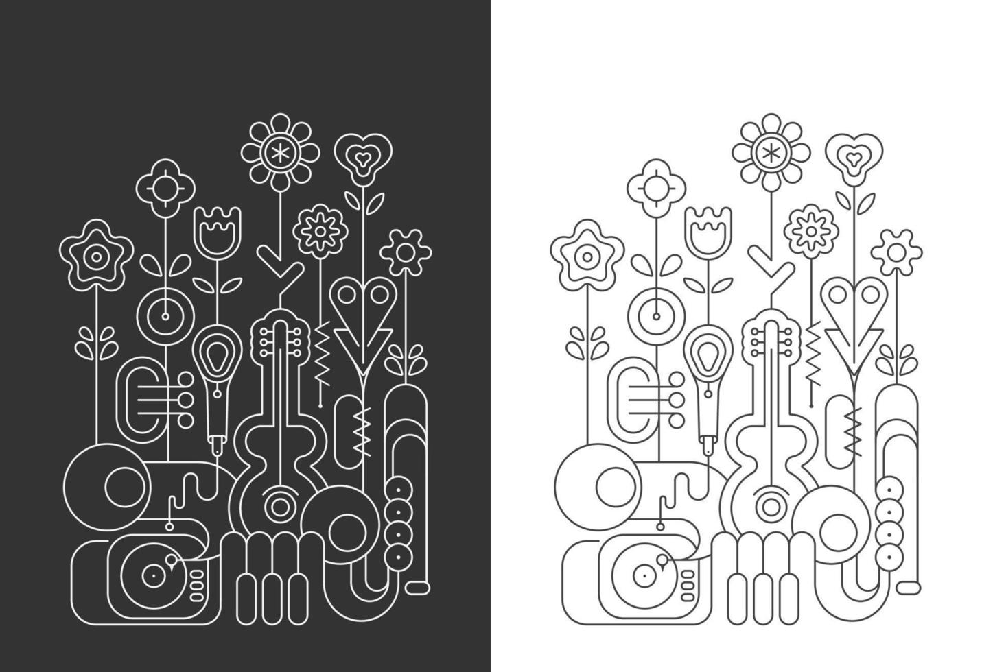Two options of a Flowers and Musical Instruments line art vector design