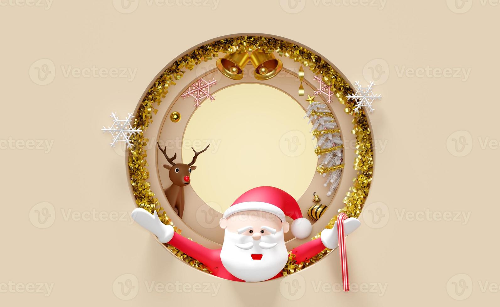 Santa claus with reindeer,gift box,christmas tree,bell, staff isolated on beige background.website,poster or happiness cards,festive New Year concept,3d illustration or 3d render photo