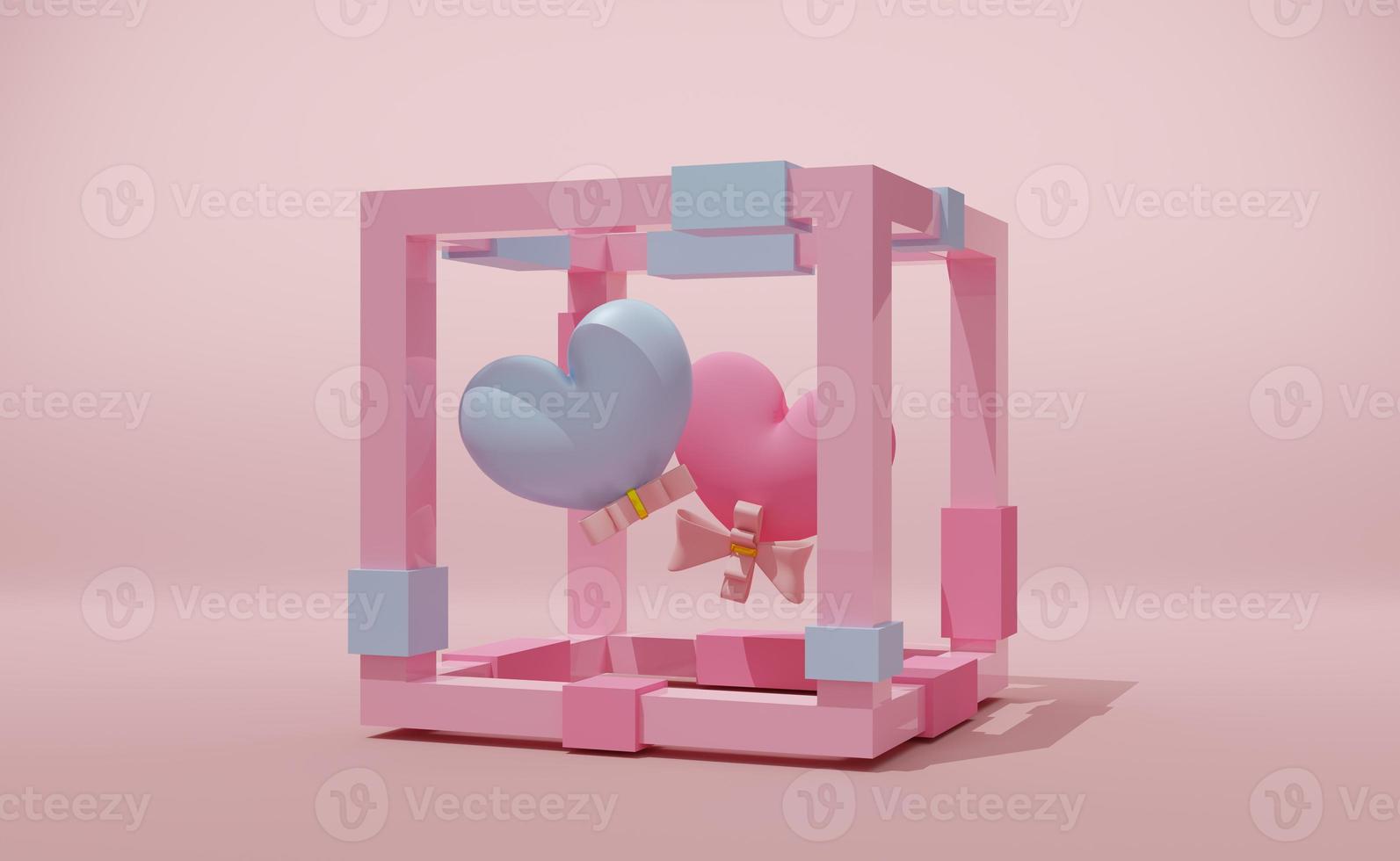 two heart shaped balloon in box with with geometric shapes in pink pastel composition valentine's day concept ,abstract background ,3d illustration or 3d render photo