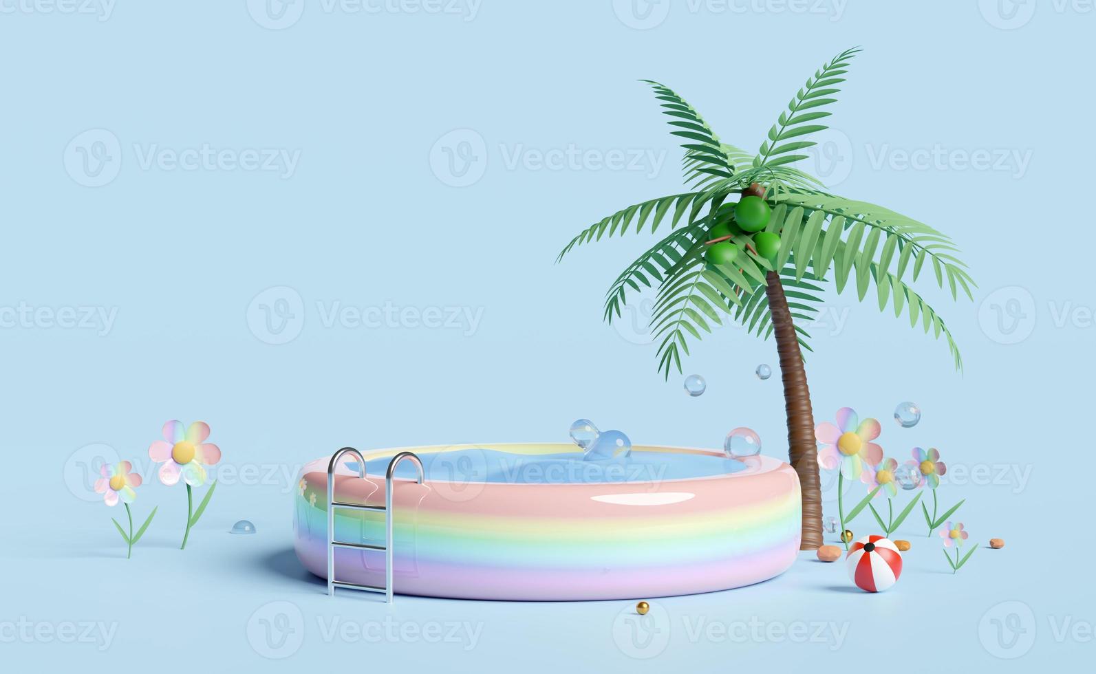 3d inflatable pool with palm tree, beach ball isolated on blue background. summer decorate concept, 3d render illustration photo