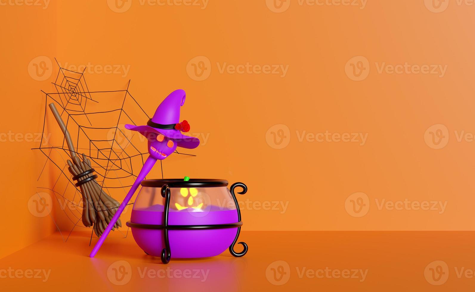 halloween pumpkin holiday party with 3d pumpkin in boiling pot, purple witch pointed hat, broom, skull walking stick for happy halloween, 3d render illustration, isolated on orange room  background. photo