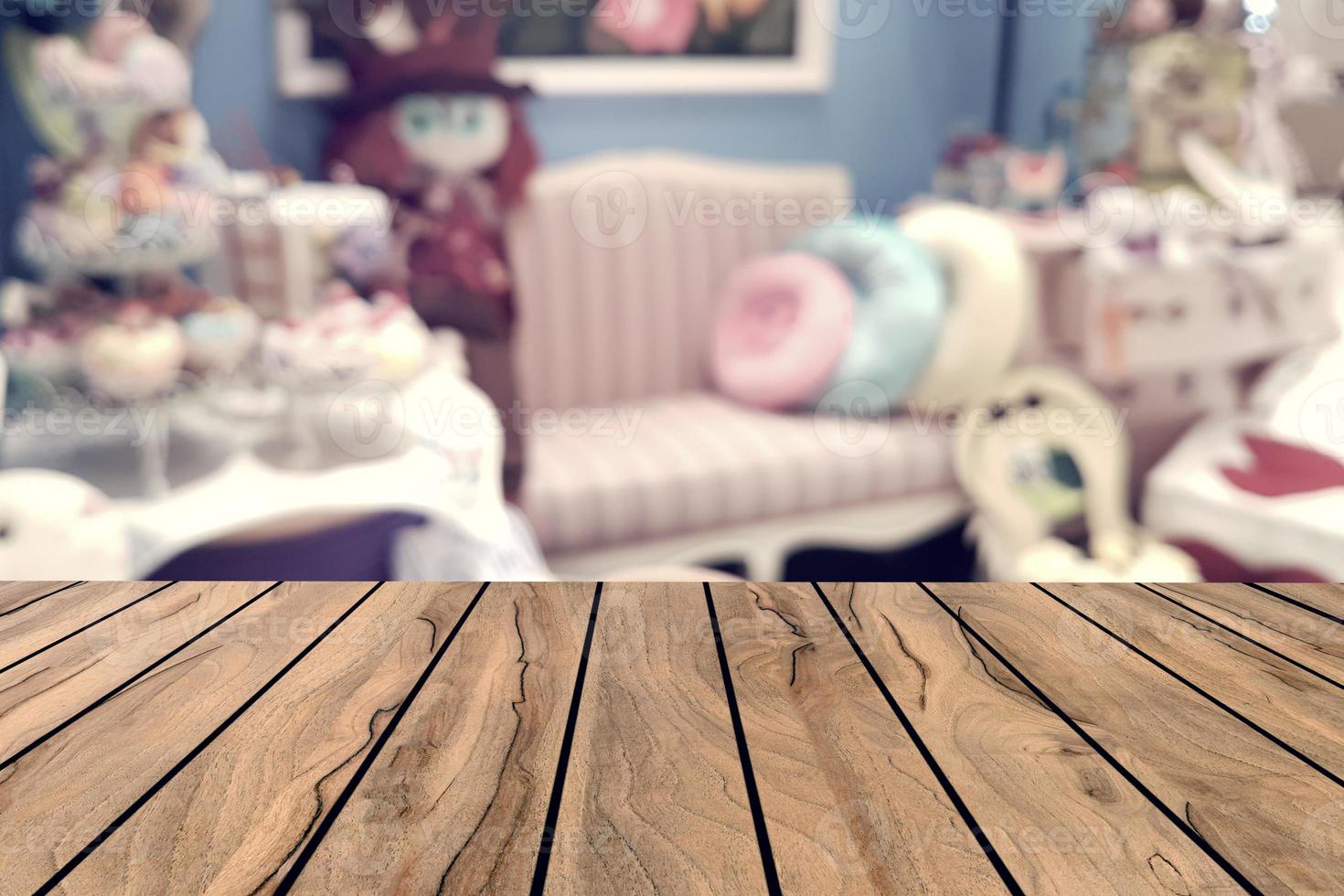 top desk blur living room background,wooden table photo