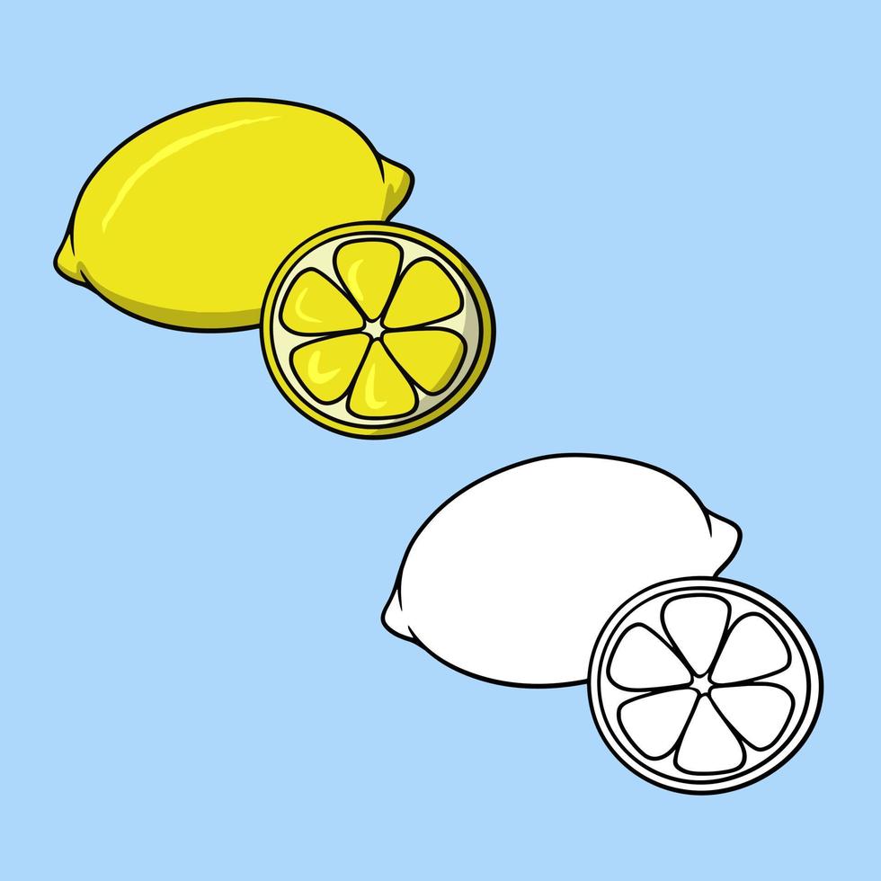 A set of pictures, a bright ripe lemon, a round slice of lemon, cooking ingredients, a vector illustration in cartoon style on a colored background