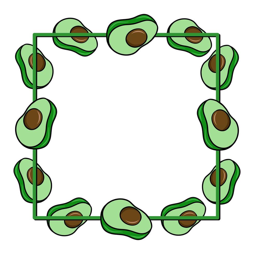 marco cuadrado, mitades verdes de frutos de aguacate, espacio de copia, ilustración vectorial en estilo de dibujos animados sobre un fondo blanco vector