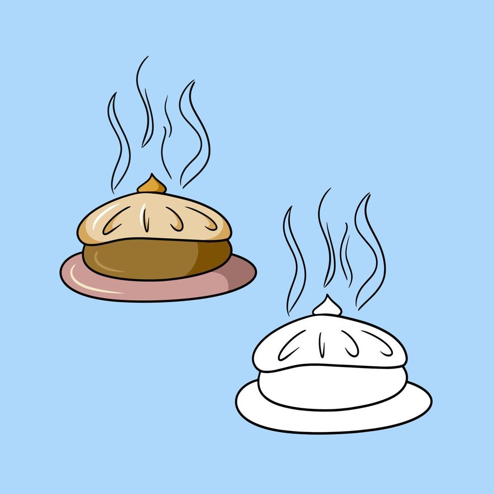 A set of pictures, a delicious hot autumn pie with fruit filling, a vector illustration in cartoon style on a solid background