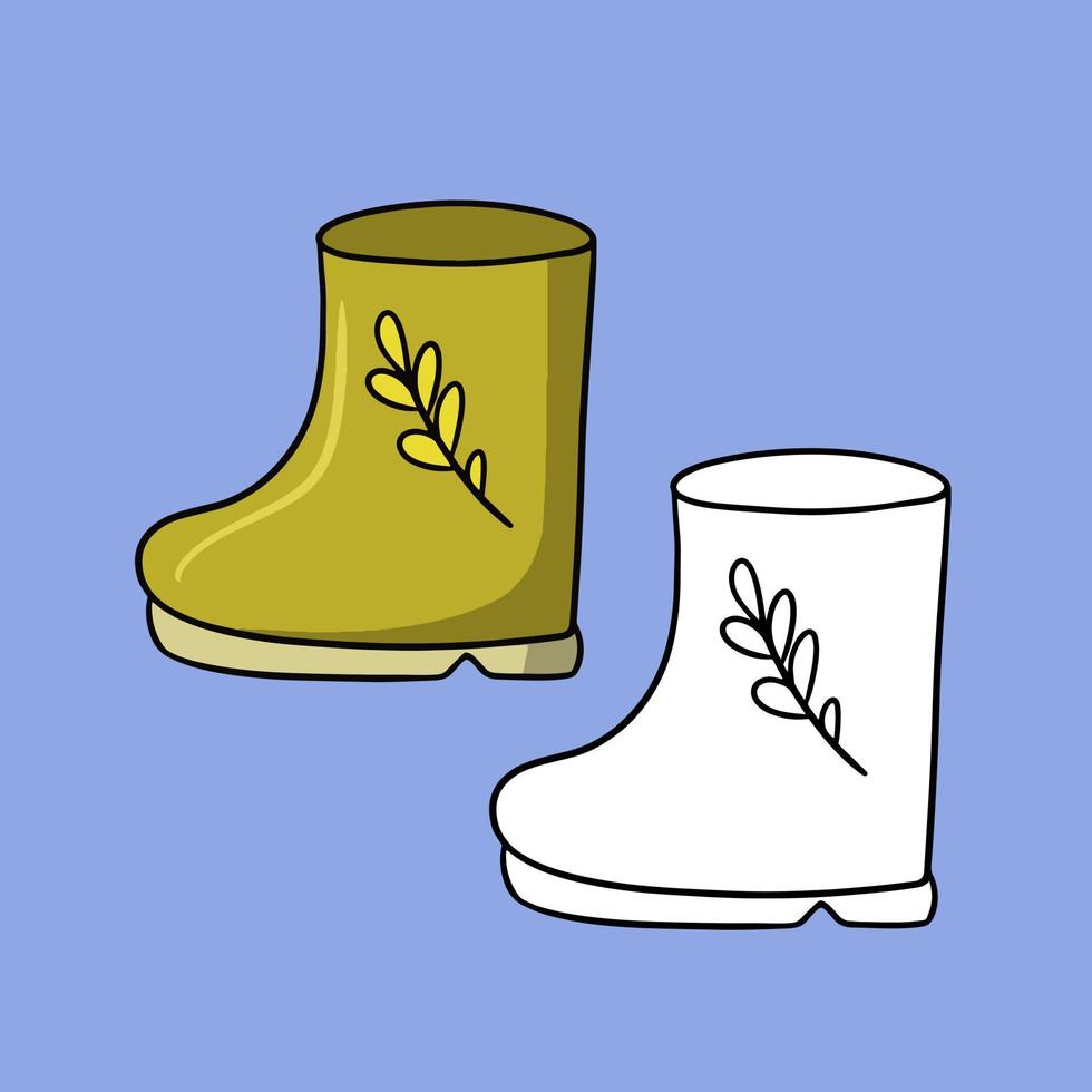 A set of pictures, bright orange autumn rubber boots, vector illustration in cartoon style on a colored background