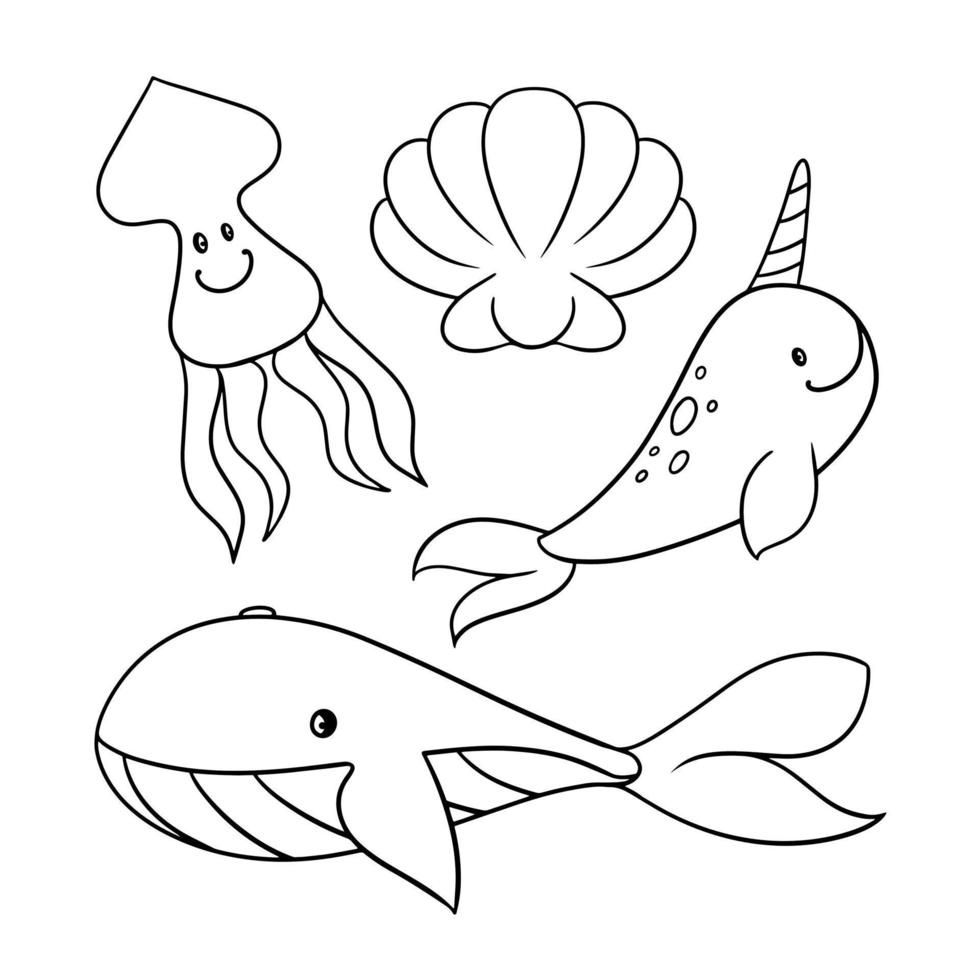Monochrome set of icons, cute sea characters, big whale, squid and narwhal, vector illustration in cartoon style on a white background