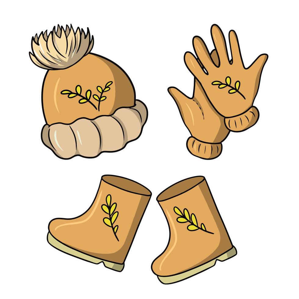 A set of autumn icons, warm clothes for cold weather, vector illustration in cartoon style on a white background.