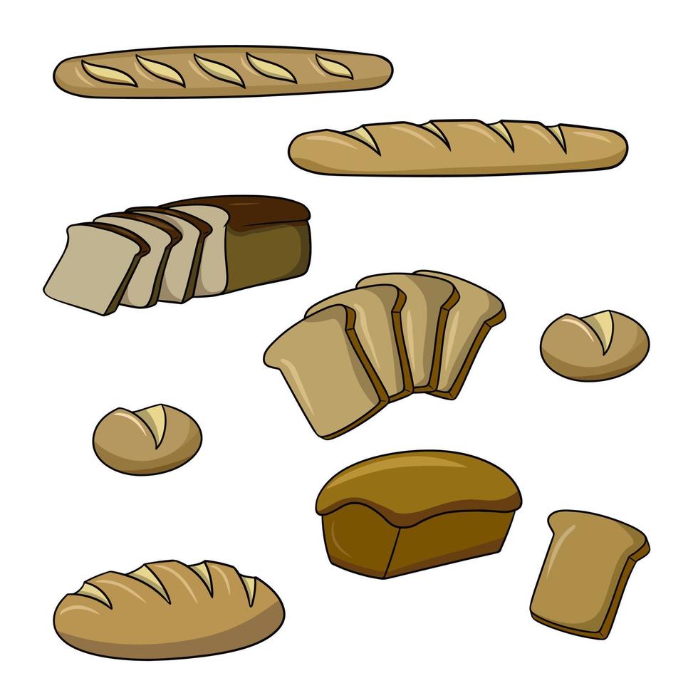 A set of colored icons, various loaves of wheat and rye bread, vector illustration in cartoon style on a white background
