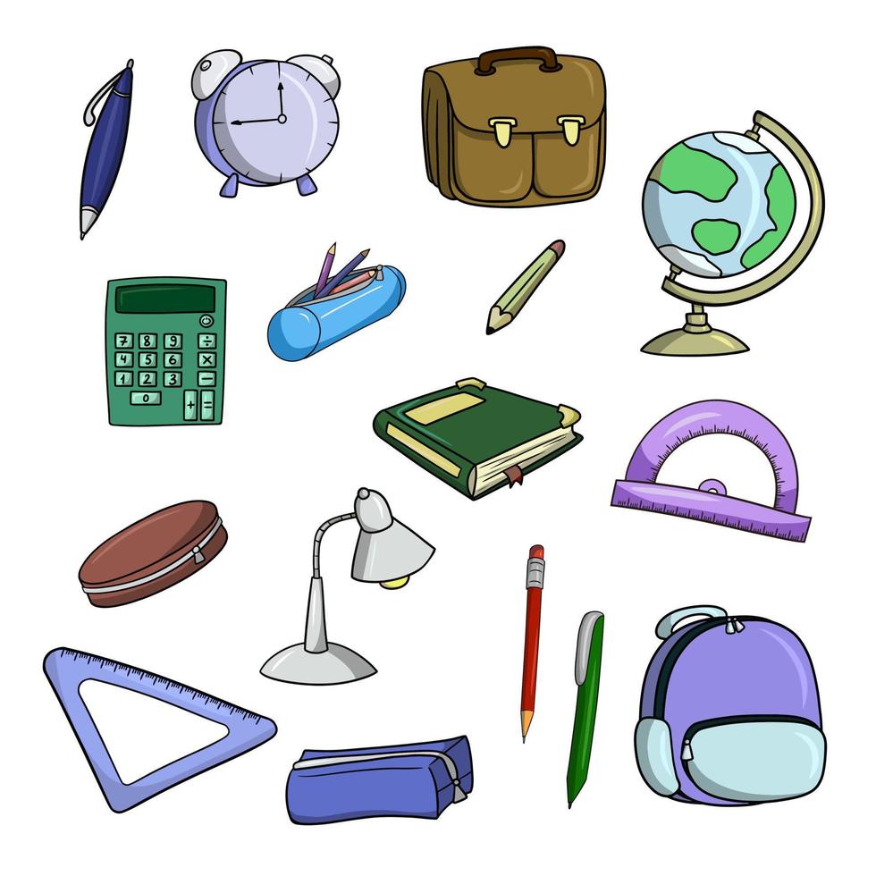 A large set of colored badges, school supplies and accessories, vector illustration in cartoon style on a white background