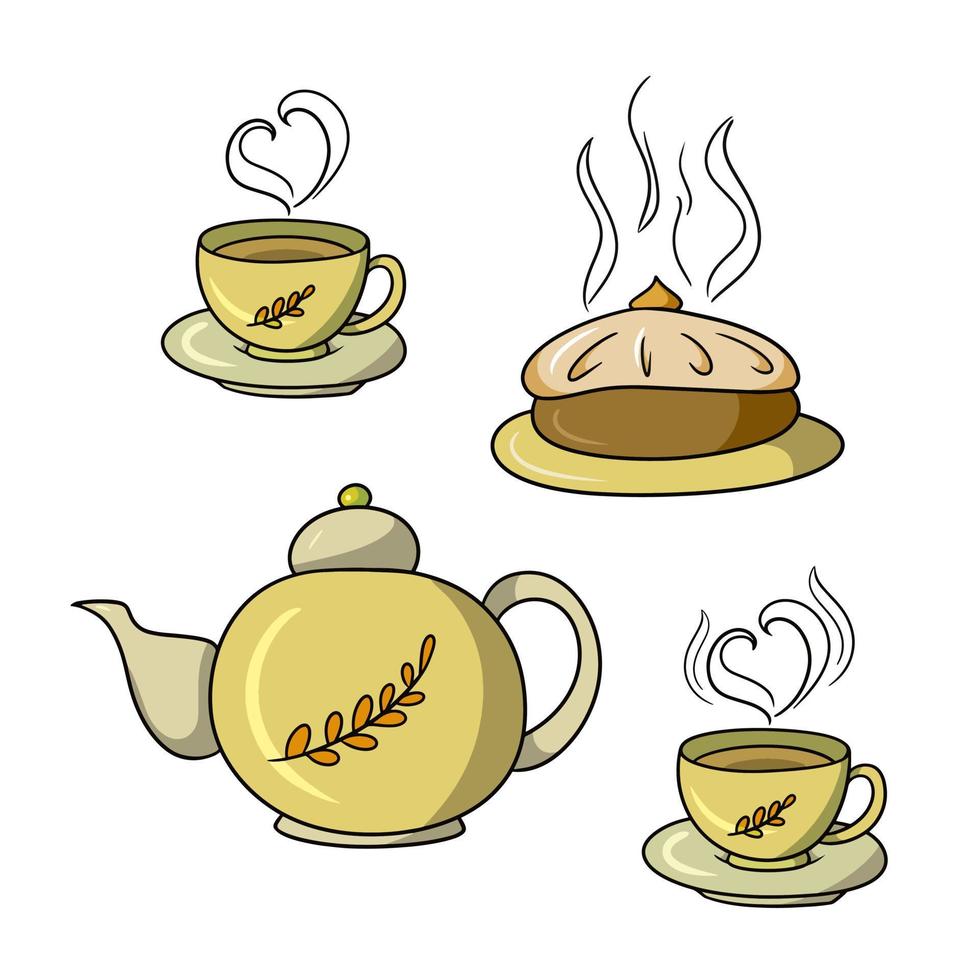 un conjunto de íconos de otoño, un delicioso pastel con relleno de frutas, té caliente y aromático, una ilustración vectorial en estilo de dibujos animados sobre un fondo blanco vector