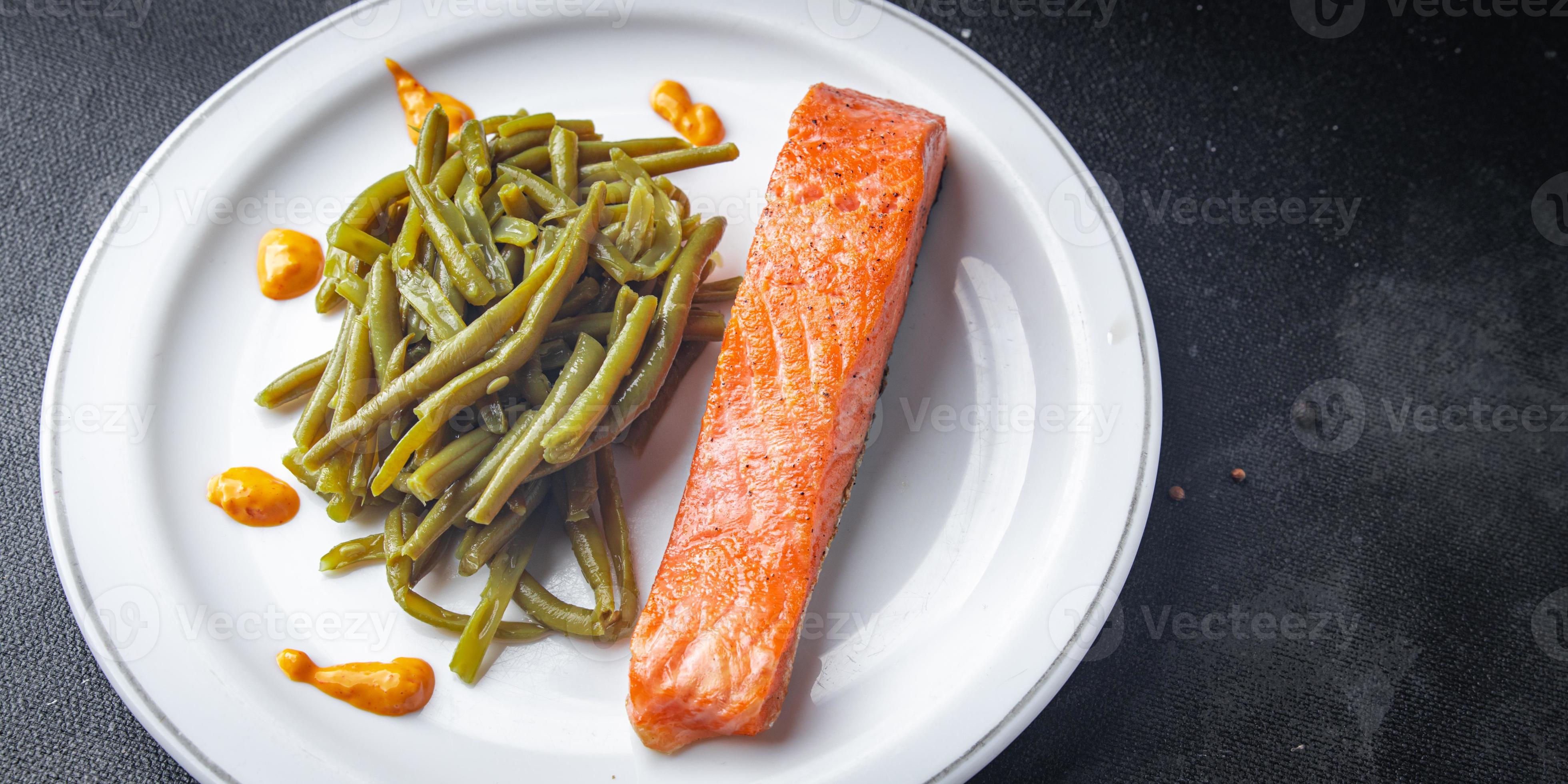 salmon fried fish and green bean meal food snack diet on the table copy