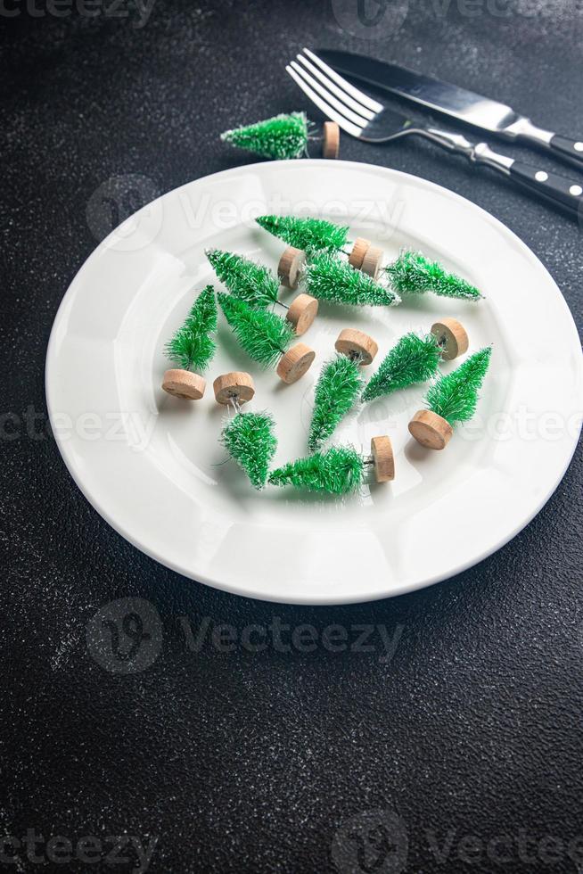 christmas background New Year holiday atmosphere christmas tree meal food on the table copy space food background rustic top view photo