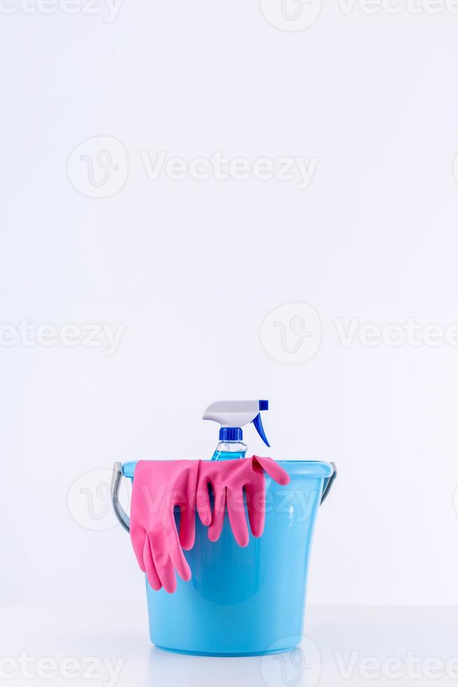 Cleaning product tool equipments, concept of housekeeping, professional clean service, housework kit supplies, copy space, close up. photo