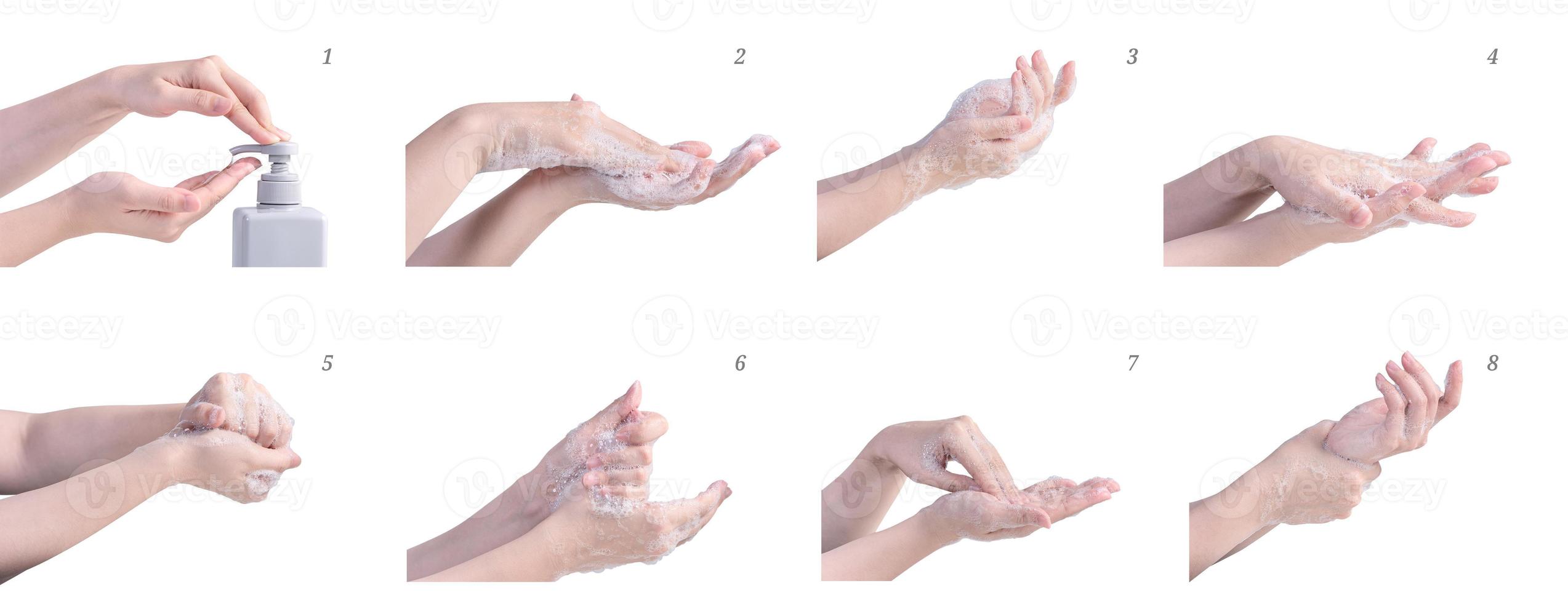 Washing hand step instruction isolated on white background. Asian young woman using liquid soap, concept of protecting pandemic coronavirus, close up. photo