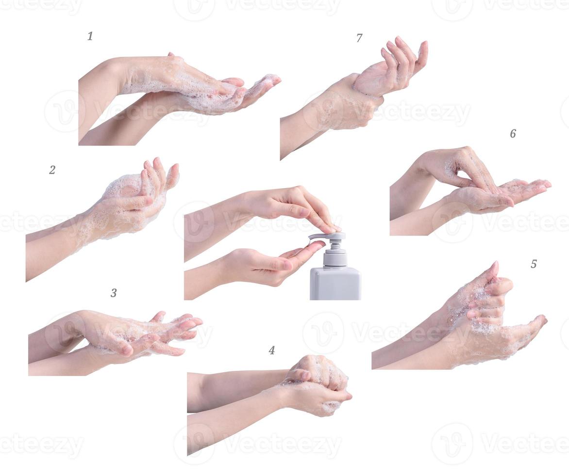 Washing hand step instruction isolated on white background. Asian young woman using liquid soap, concept of protecting pandemic coronavirus, close up. photo