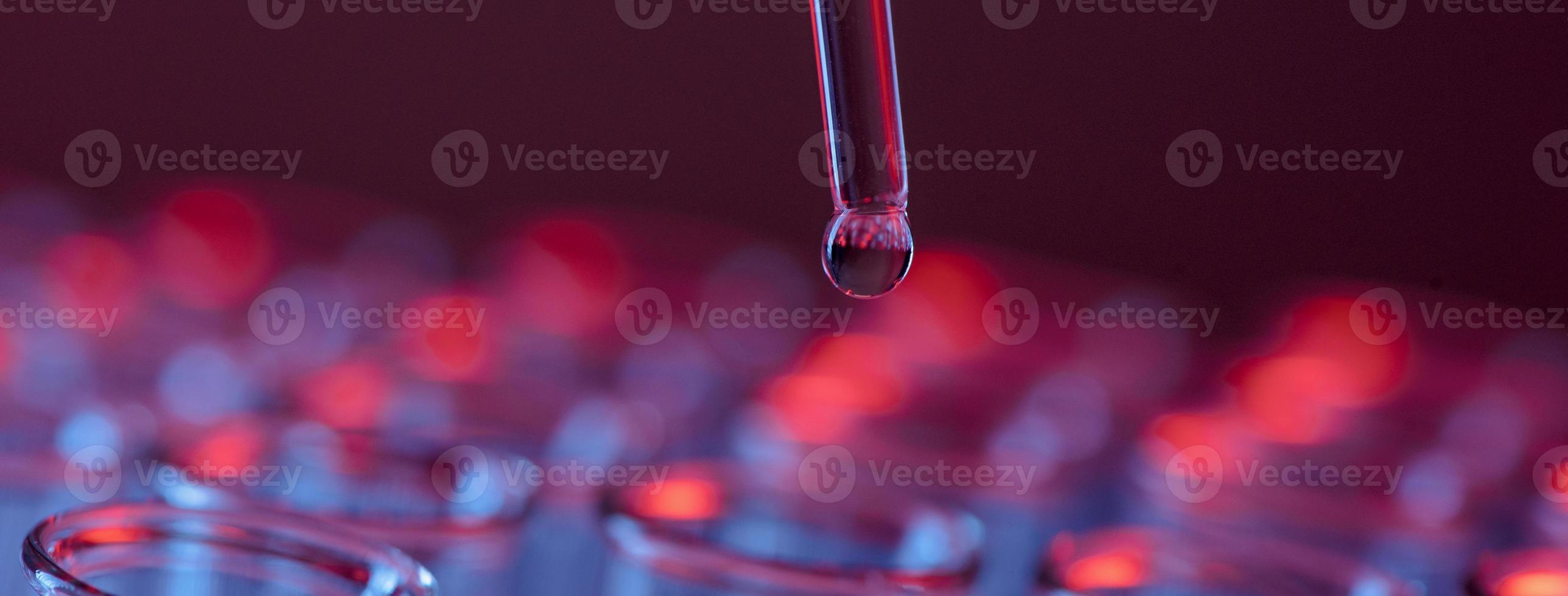 Test tube row. Concept of medical or science laboratory, liquid drop droplet with dropper in blue tone background, close up, micro photography picture. photo