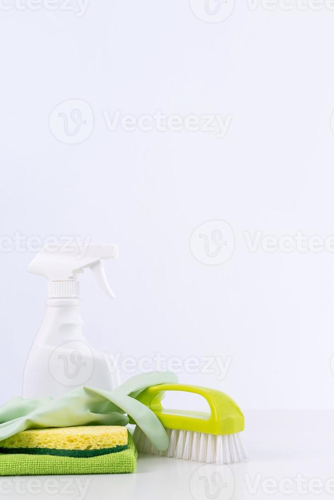 Cleaning product tool equipments, concept of housekeeping, professional clean service, housework kit supplies, copy space, close up. photo