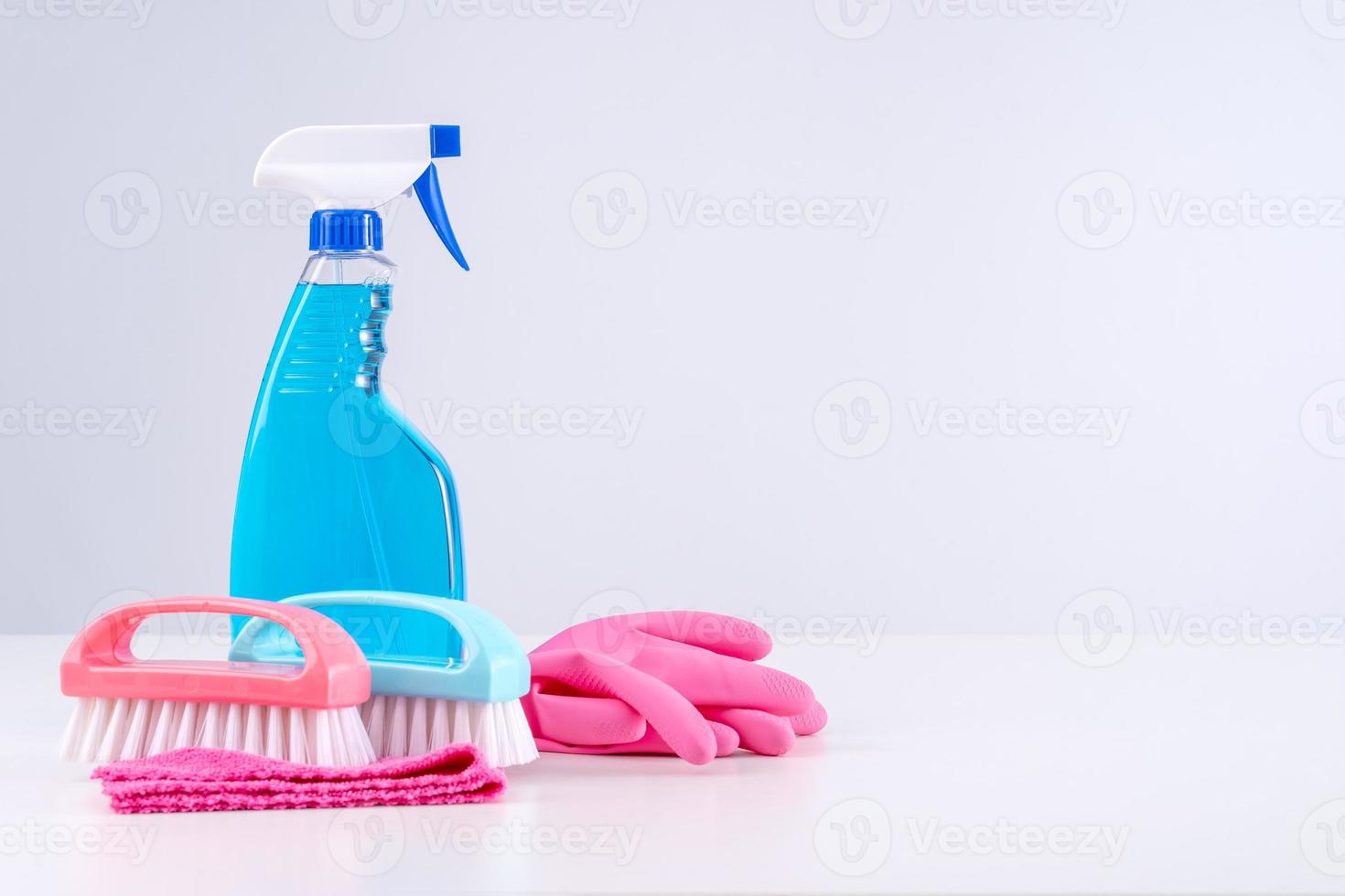 Various cleaning supplies, housekeeping background Stock Photo by