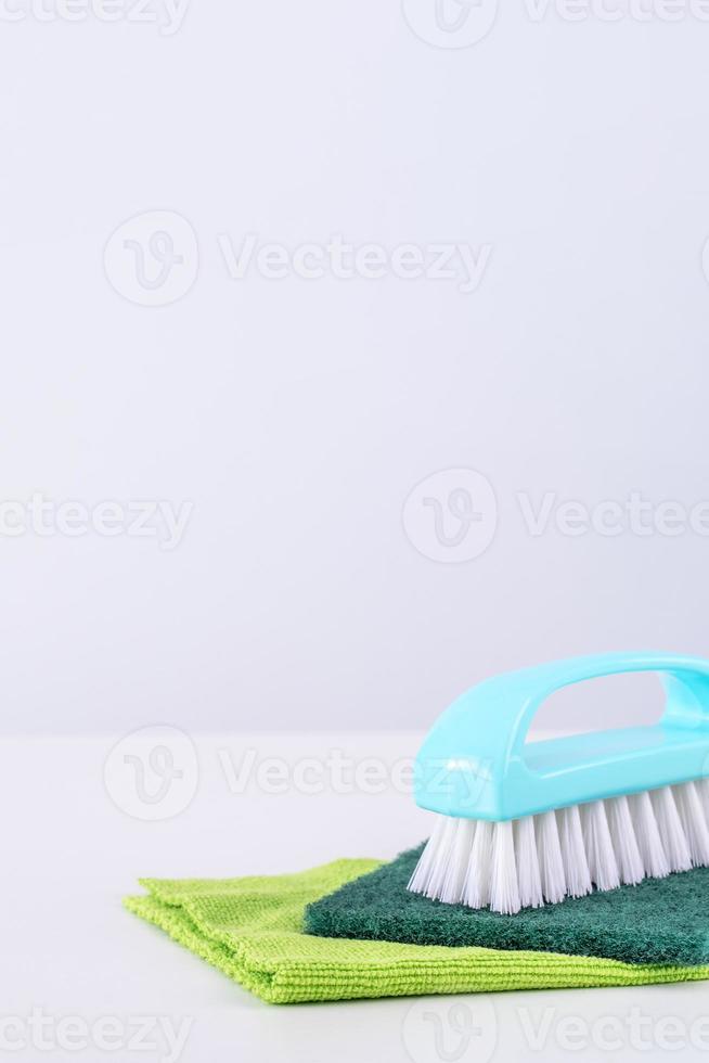 Cleaning product tool equipments, concept of housekeeping, professional clean service, housework kit supplies, copy space, close up. photo