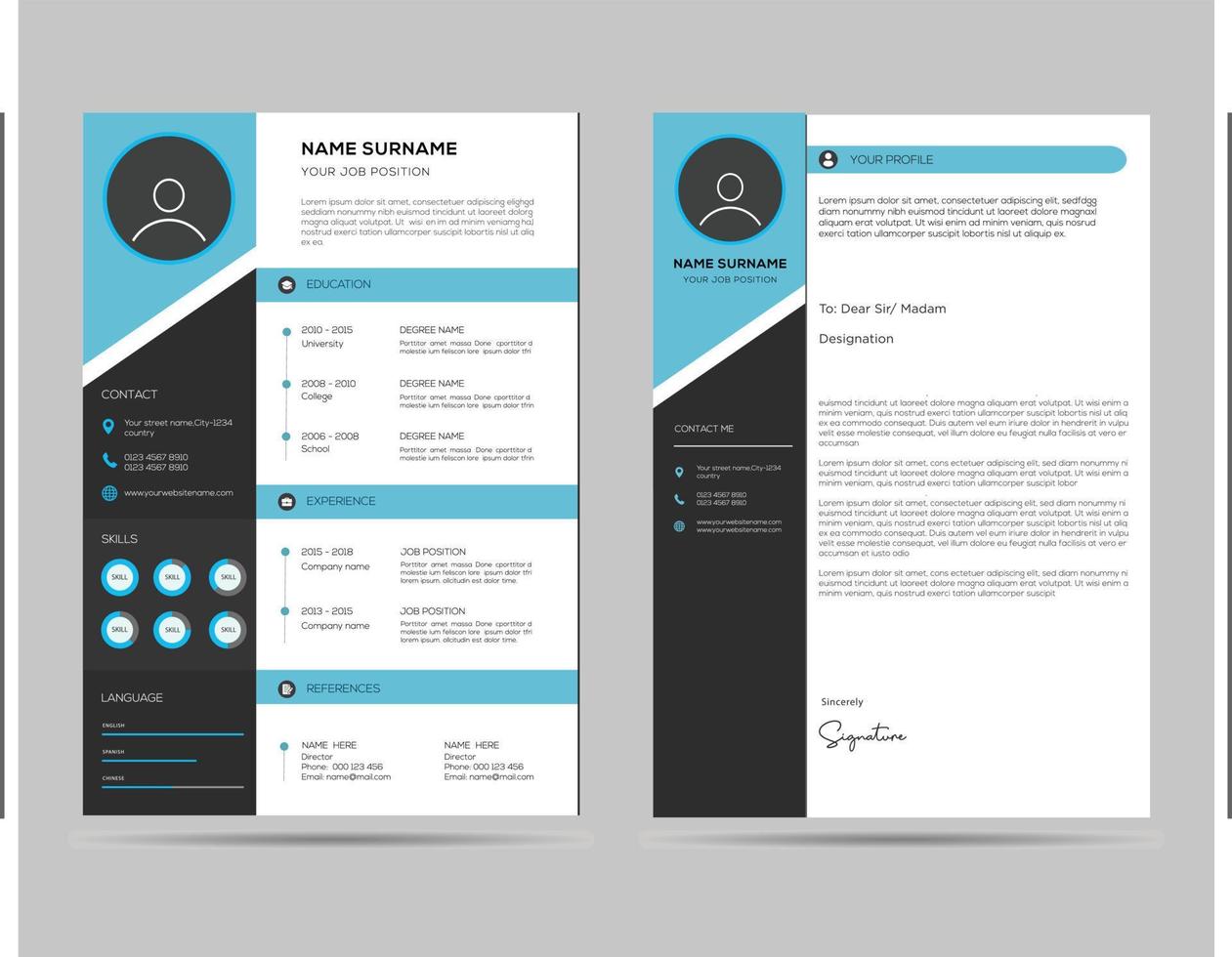 A4 size resume with cover letter template vector