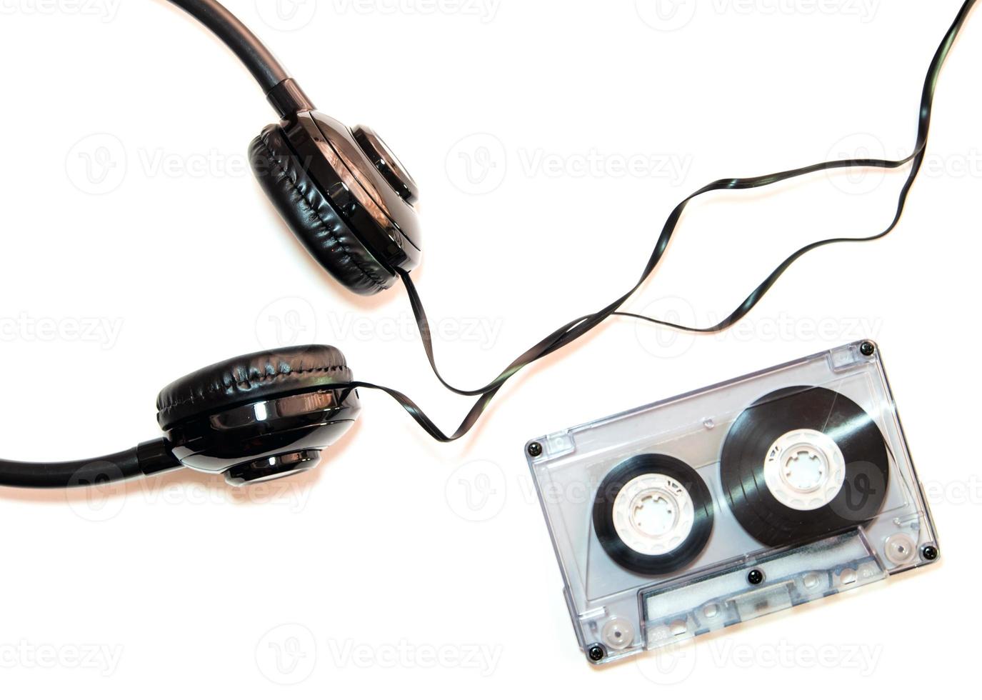 Audio cassette tape and headphone, isolated photo