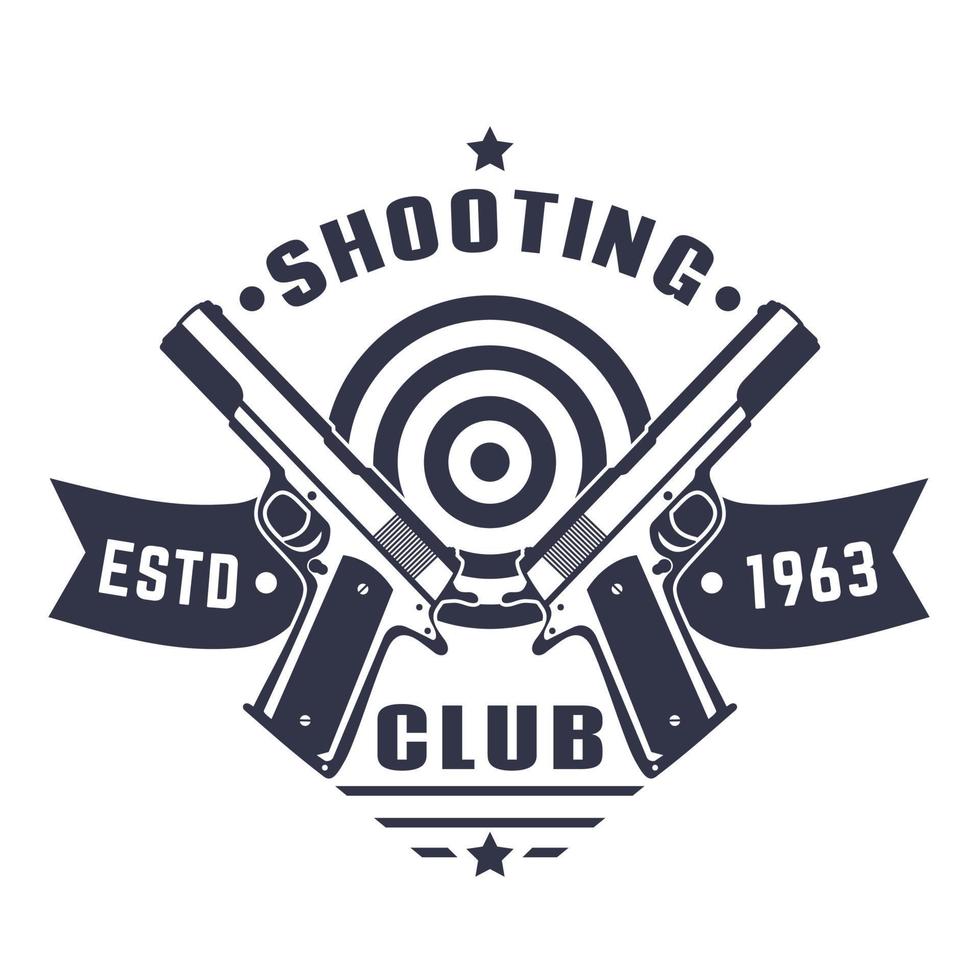 logo del club de tiro, emblema vintage, insignia con dos pistolas y objetivo sobre blanco vector