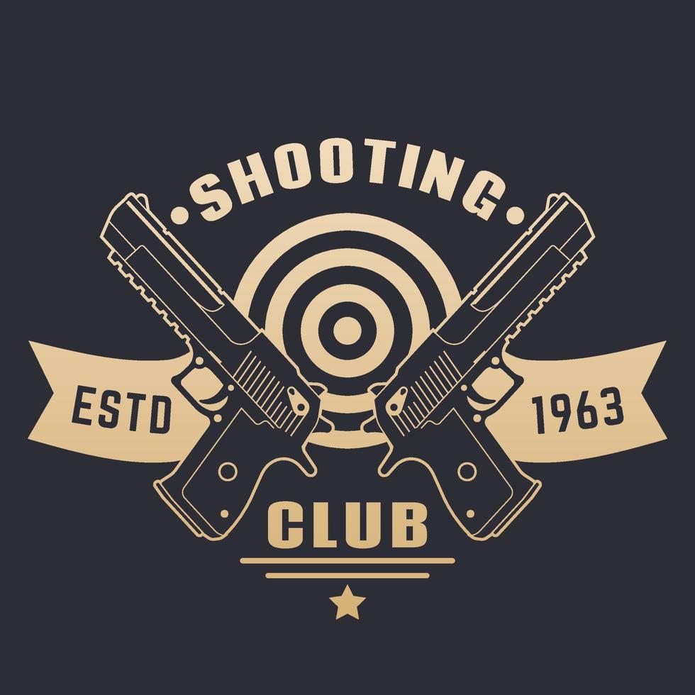 logotipo del club de tiro, emblema con dos pistolas, pistolas poderosas, oro en la oscuridad, ilustración vectorial vector