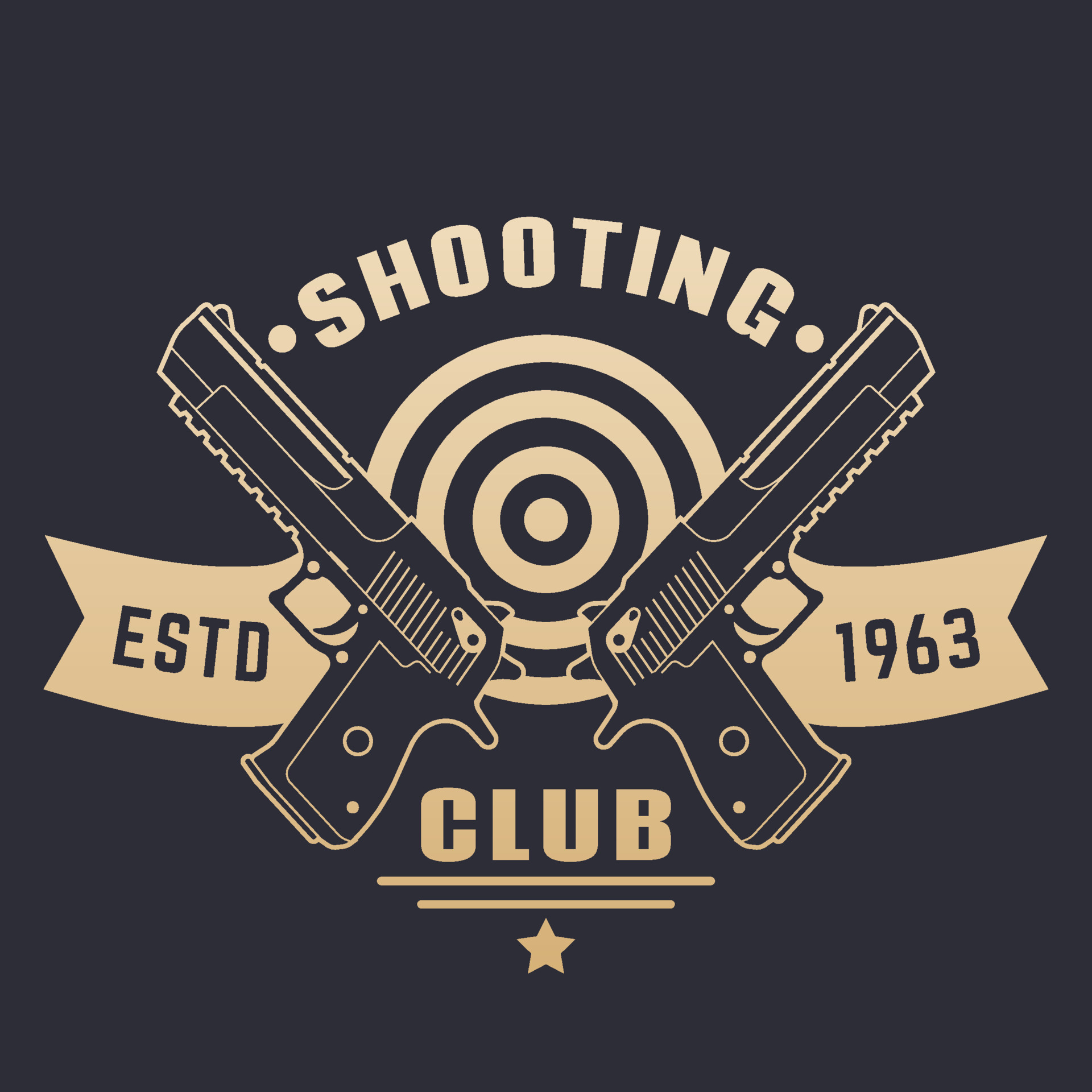 Shooting club logo, emblem with two pistols, powerful handguns, gold on