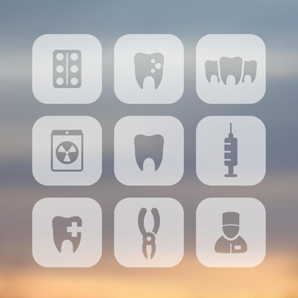 Teeth icons, stomatology, dental health care, tooth cavity, dental pliers, toothcare, rounded square transparent icons, vector