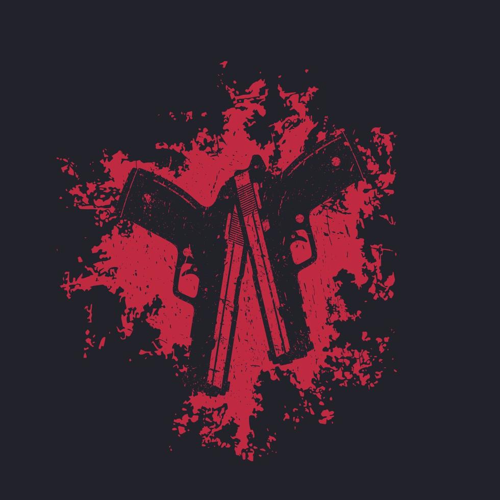 2 pistols on red splash, two crossed guns, t-shirt design vector